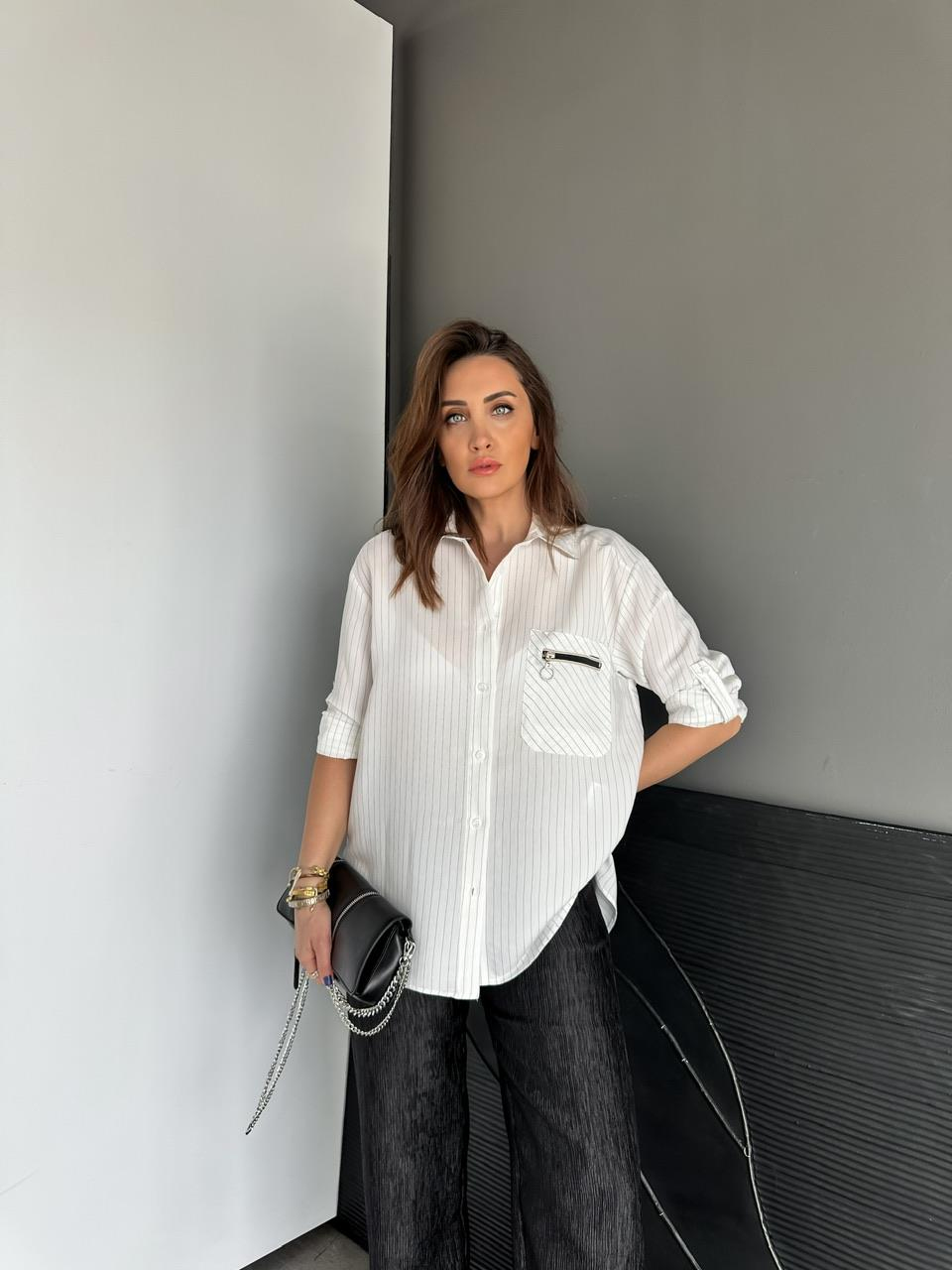 Beyaz Sırtı Fermuarlı Çizgili Gömlek