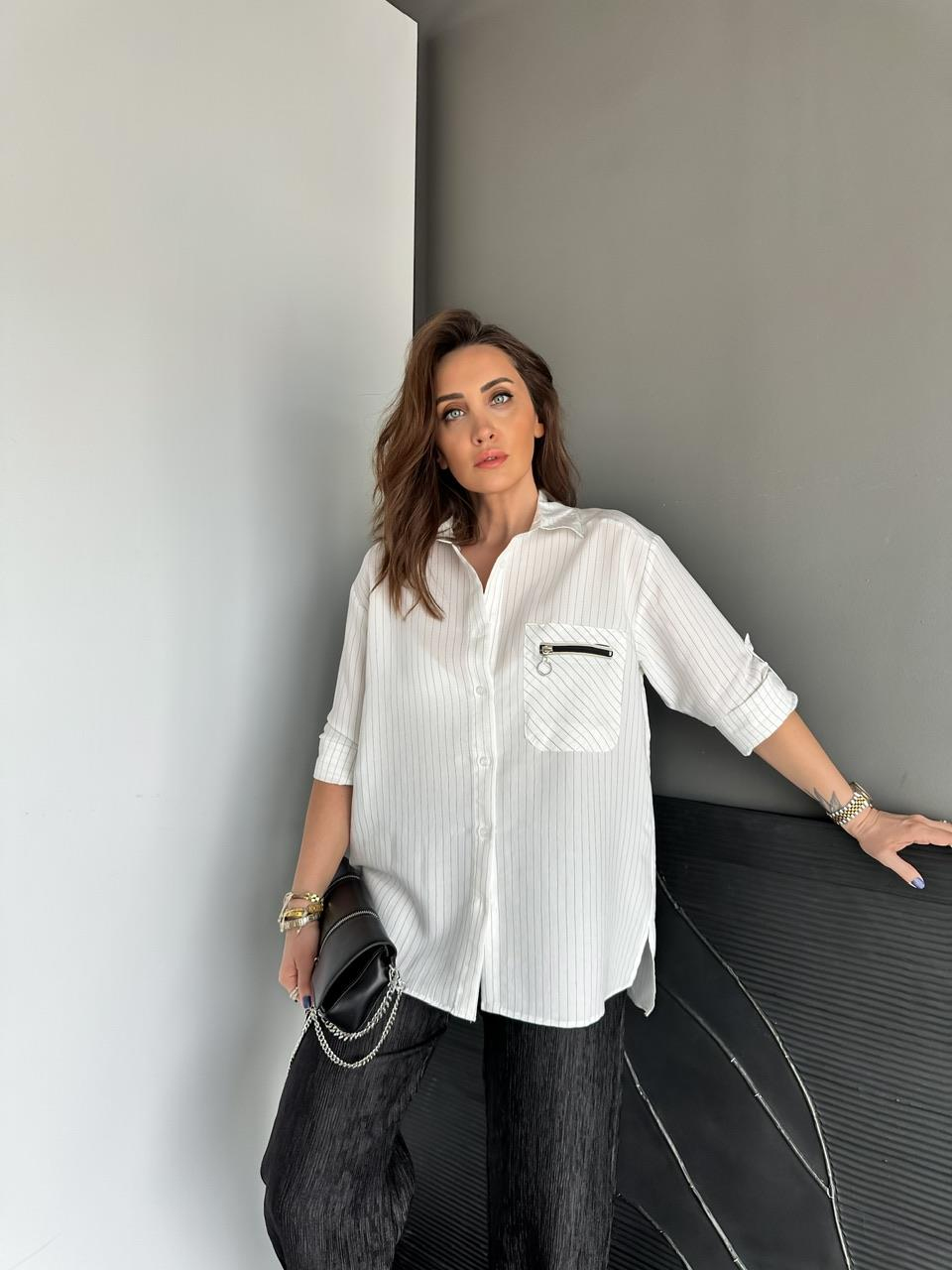 Beyaz Sırtı Fermuarlı Çizgili Gömlek