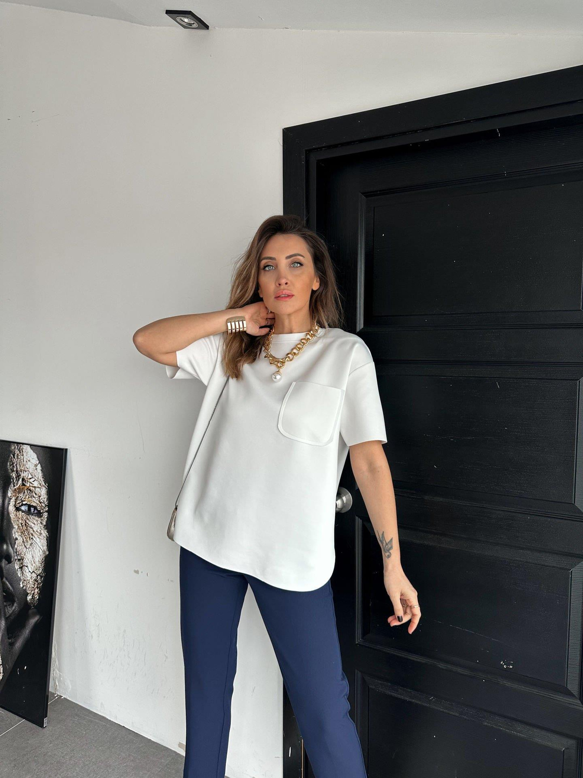 Beyaz Sırtı Fermuarlı Scuba Tshirt