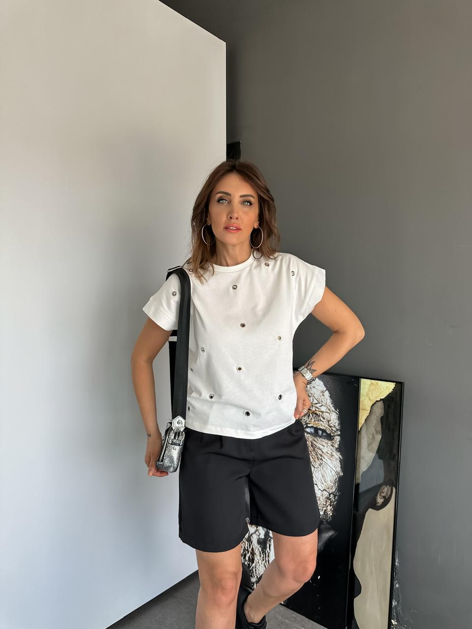 Beyaz T Kol Kuş Gözlü Tshirt