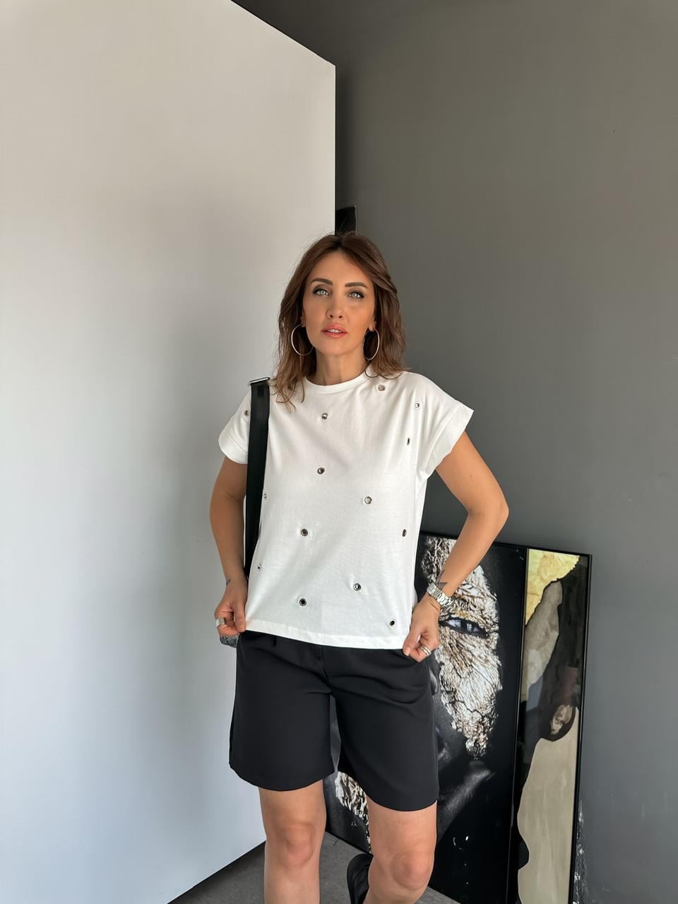 Beyaz T Kol Kuş Gözlü Tshirt
