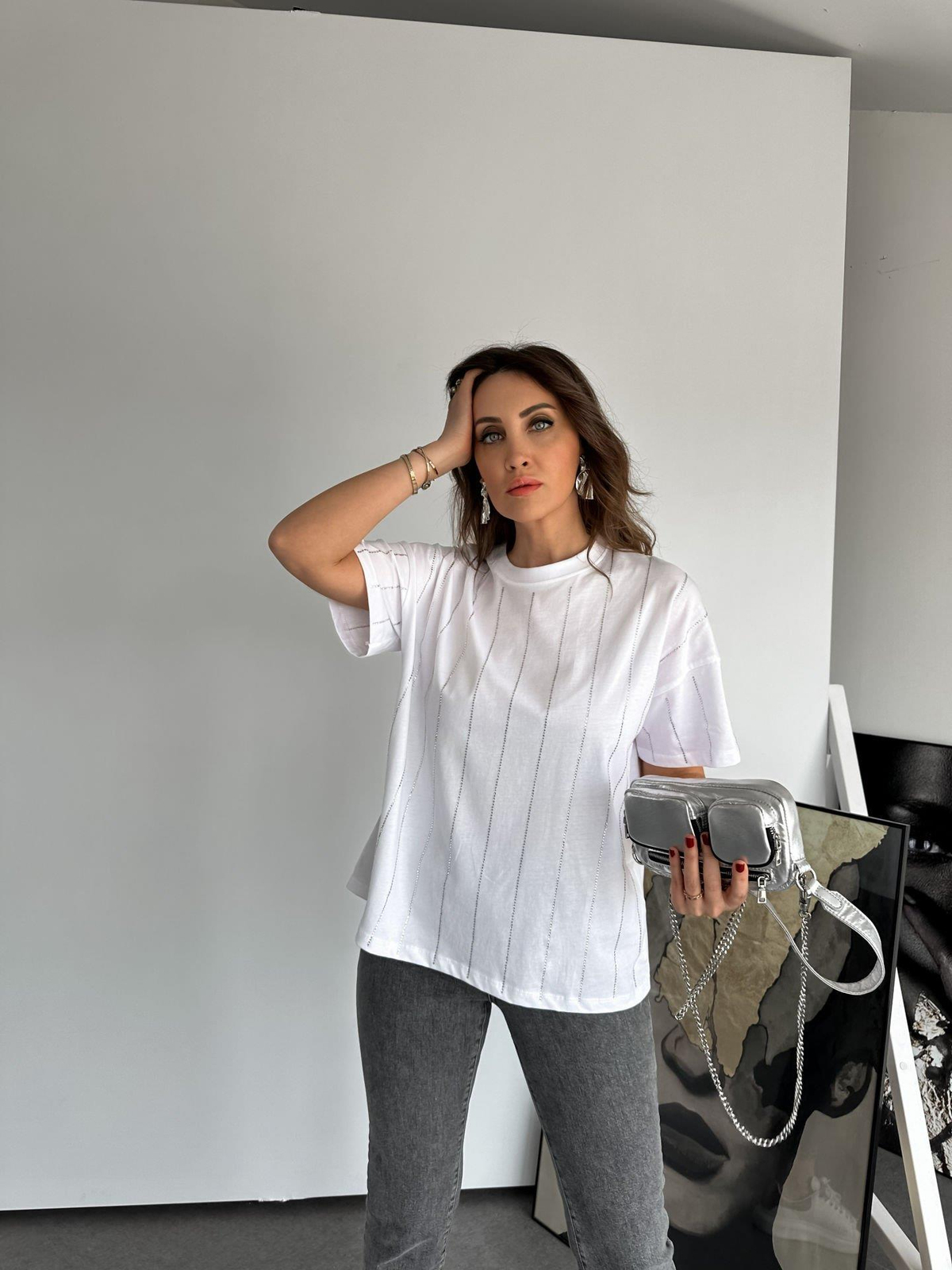 Beyaz Taş Şeritli Tshirt