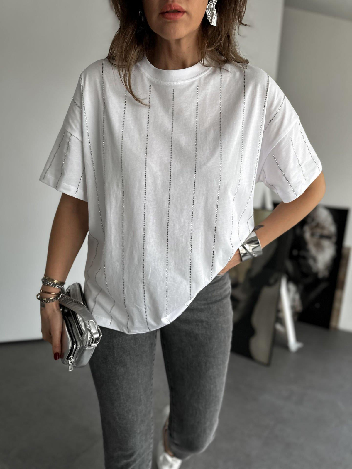 Beyaz Taş Şeritli Tshirt