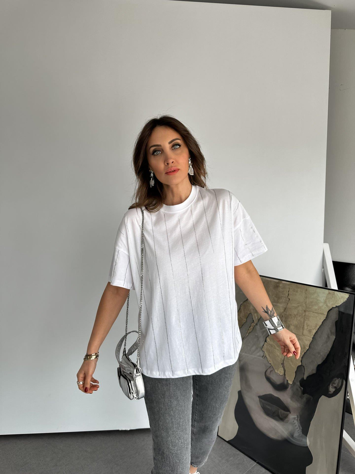 Beyaz Taş Şeritli Tshirt