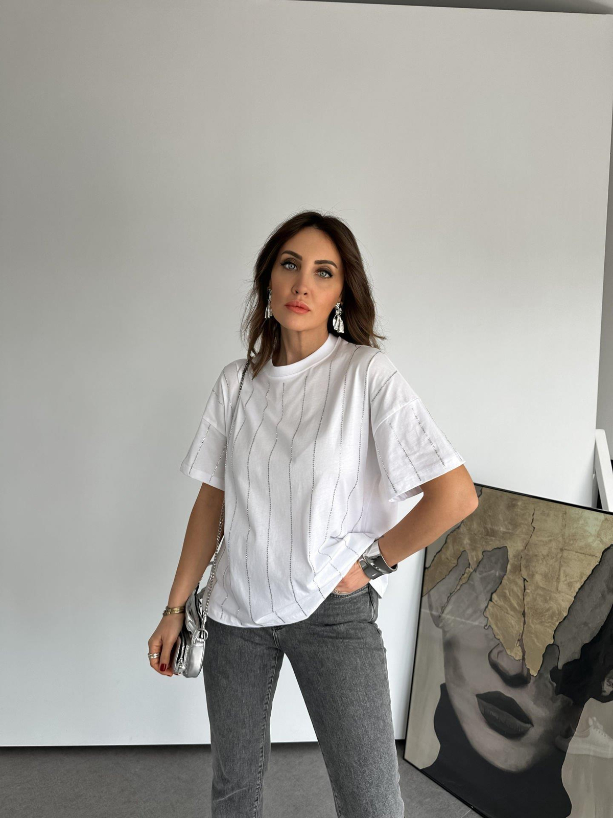 Beyaz Taş Şeritli Tshirt
