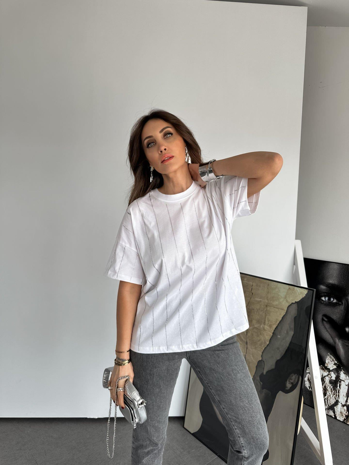 Beyaz Taş Şeritli Tshirt