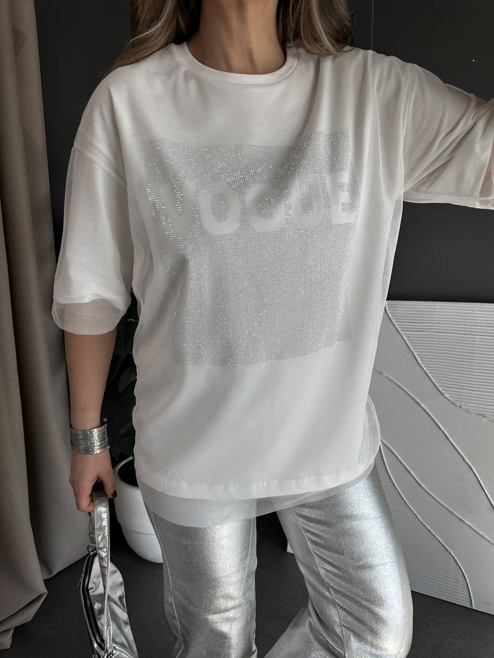 Beyaz Vogue Simli Tüllü Tshirt
