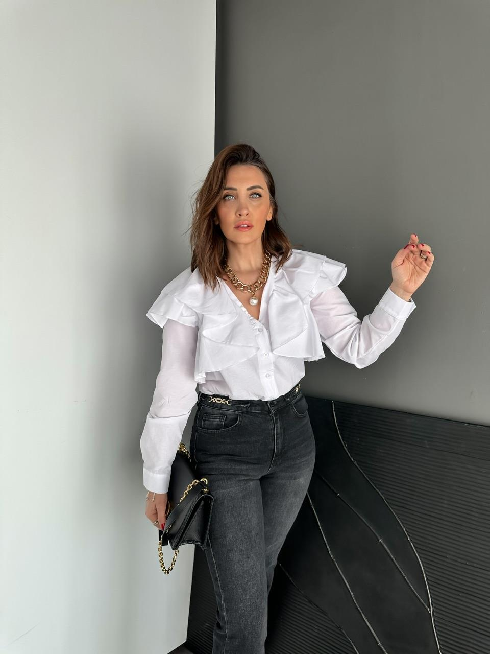 Beyaz Volanlı Poplin Gömlek