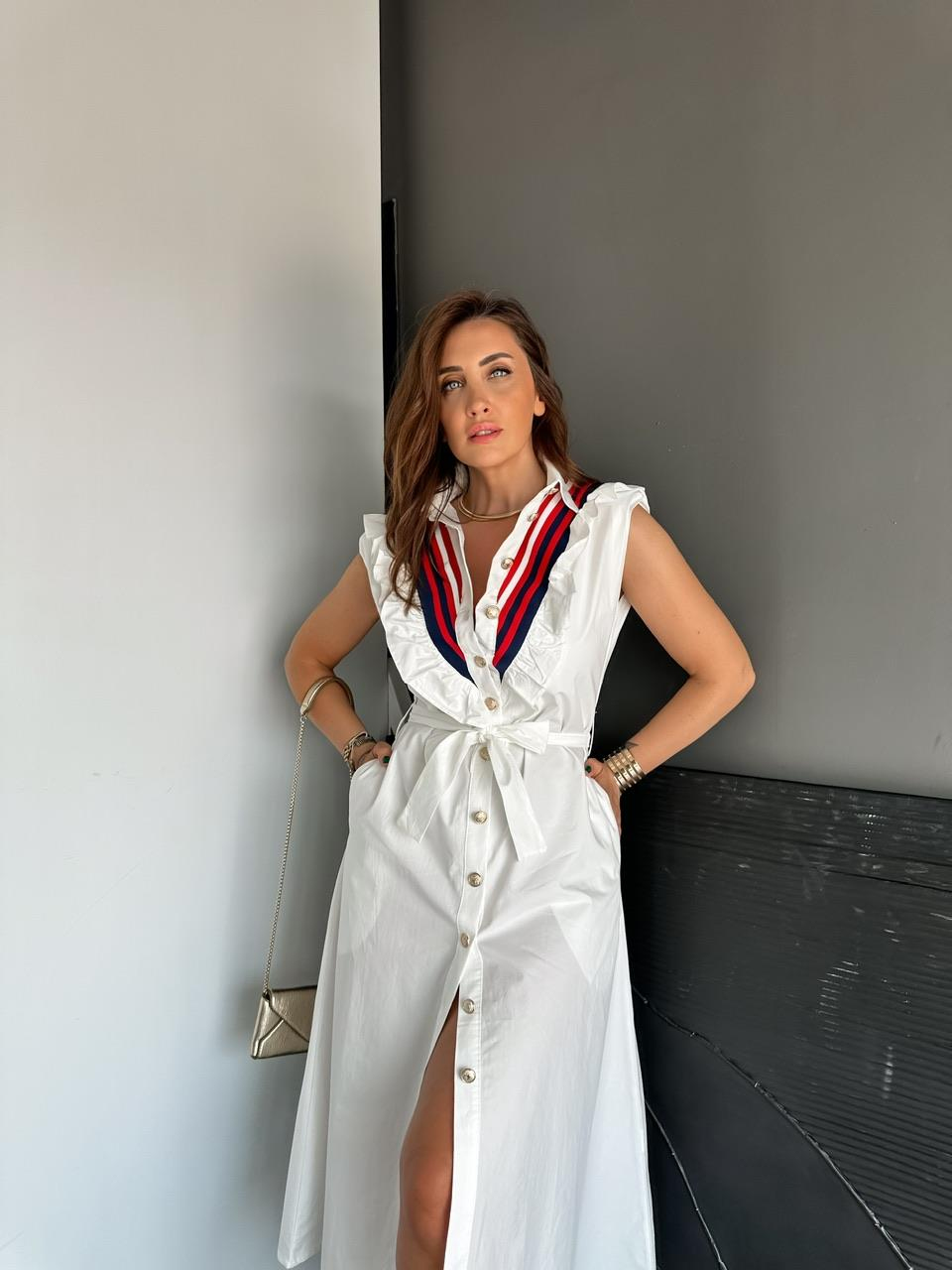 Beyaz Volanlı Şerit Detaylı Elbise