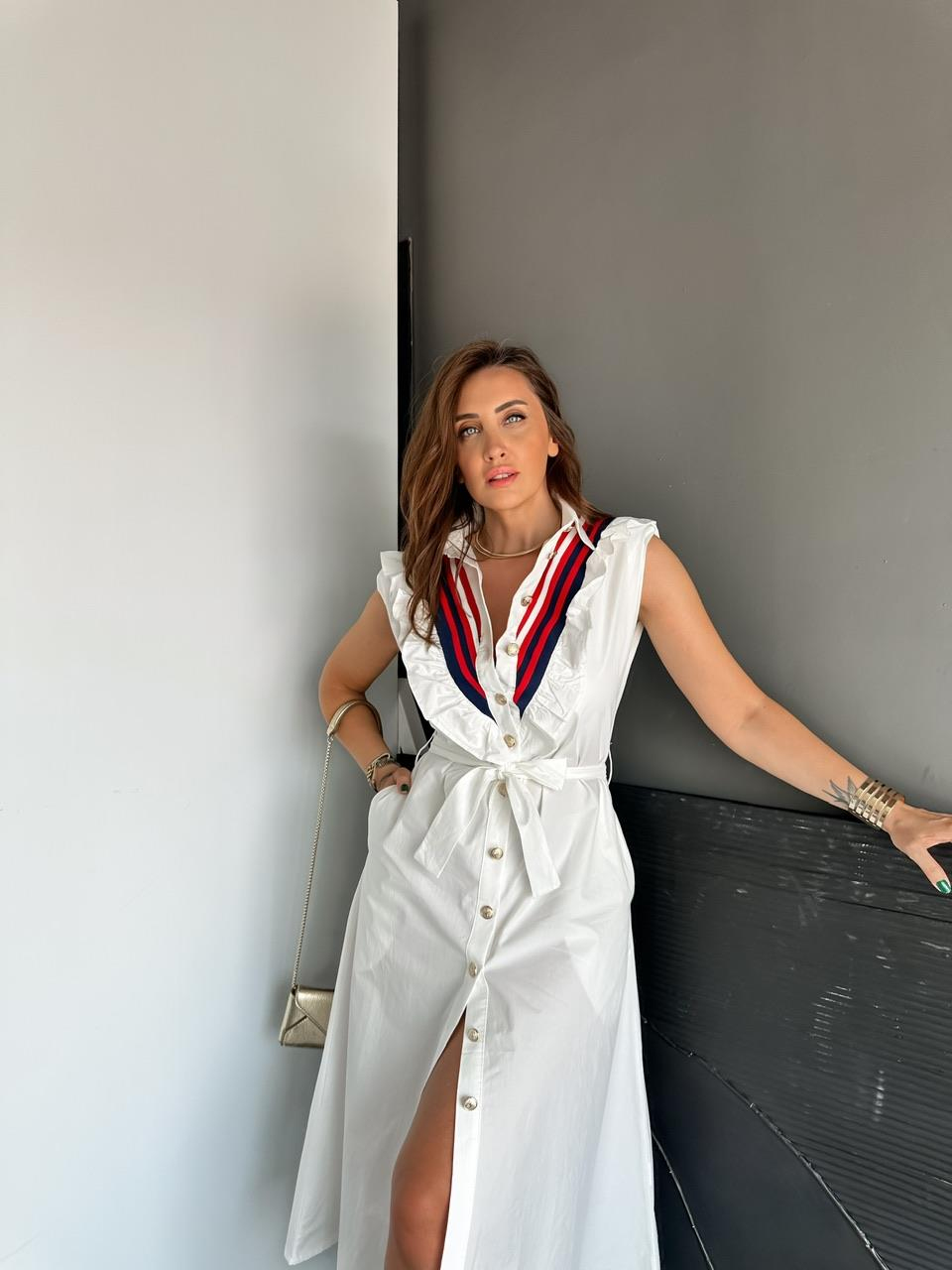 Beyaz Volanlı Şerit Detaylı Elbise