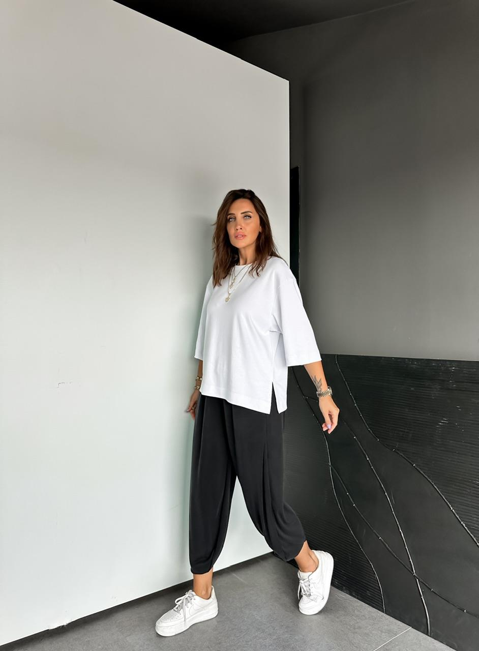 Beyaz Yırtmaçlı Cotton Oversize Tshirt