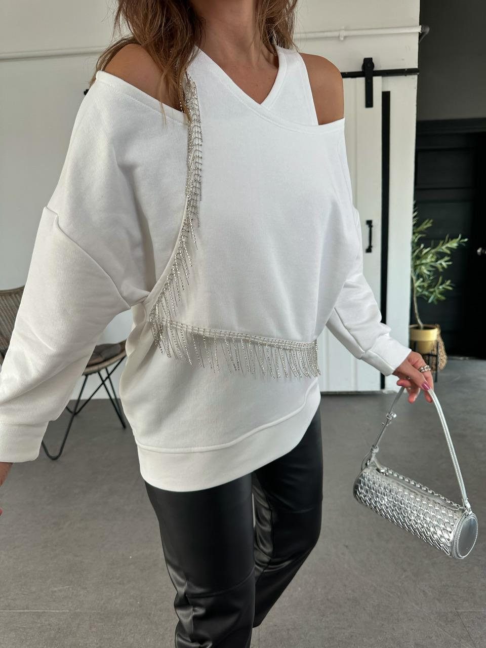 Beyaz Zincirli Tasarım Sweatshirt