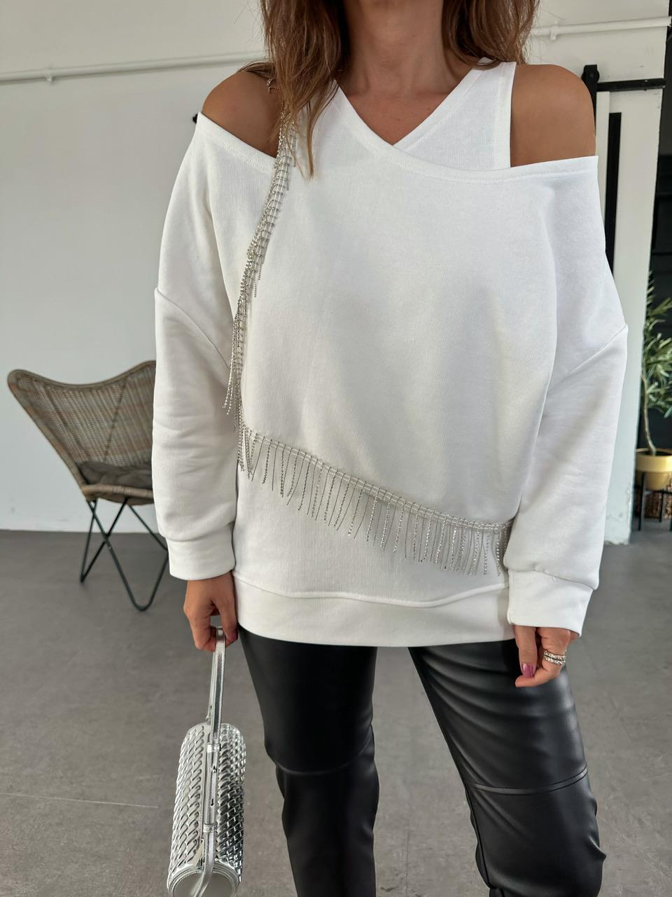 Beyaz Zincirli Tasarım Sweatshirt