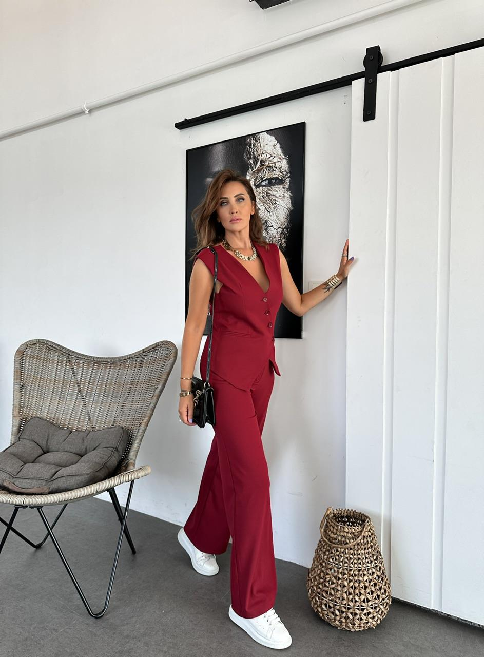Bordo Asimetrik Yelekli Takım