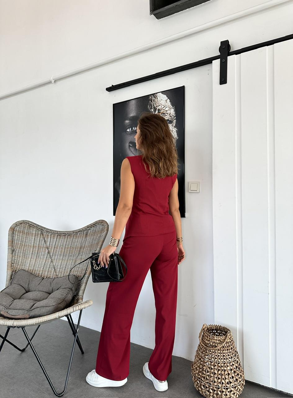 Bordo Asimetrik Yelekli Takım