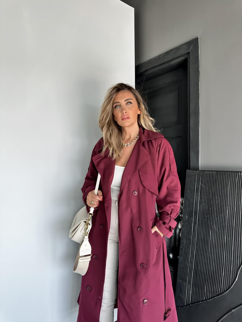 Bordo Astarlı Kemerli Trençkot (12 CUMA GÜNÜ KARGODA)