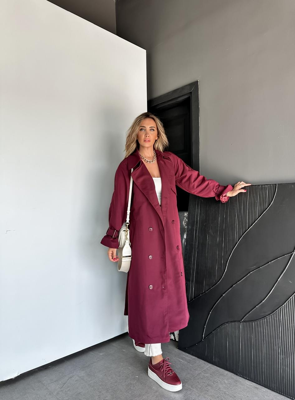 Bordo Astarlı Kemerli Trençkot (12 CUMA GÜNÜ KARGODA)