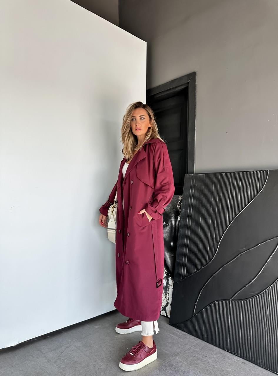 Bordo Astarlı Kemerli Trençkot (12 CUMA GÜNÜ KARGODA)