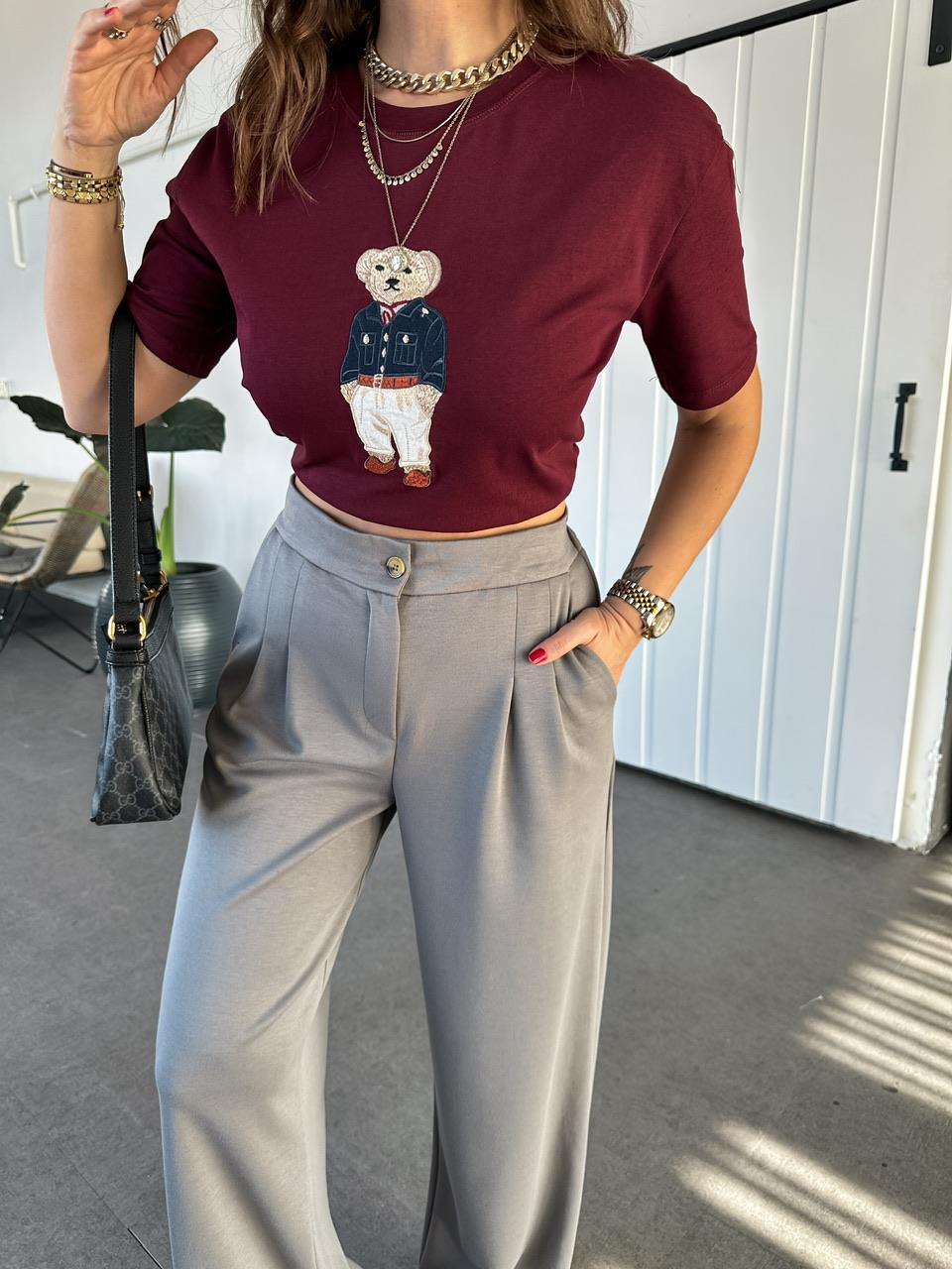Bordo Ayıcık Figürlü Cotton Tshirt