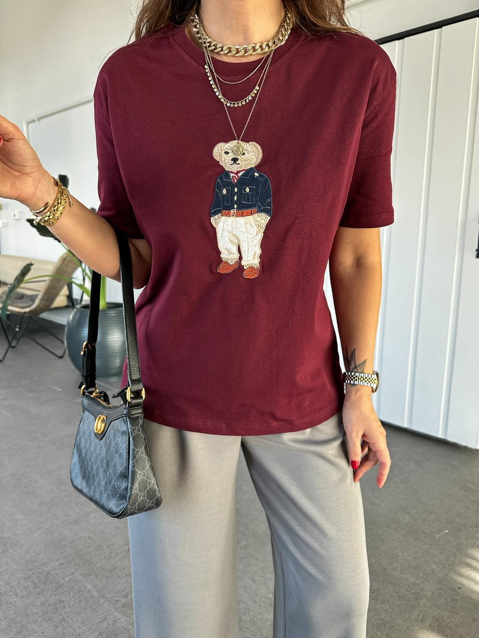 Bordo Ayıcık Figürlü Cotton Tshirt