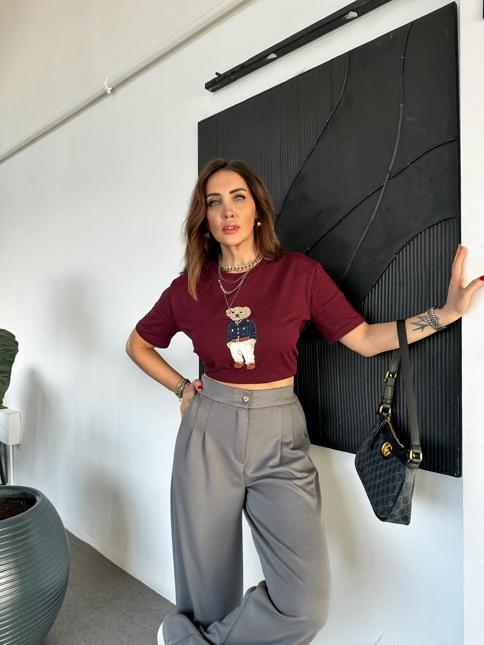 Bordo Ayıcık Figürlü Cotton Tshirt