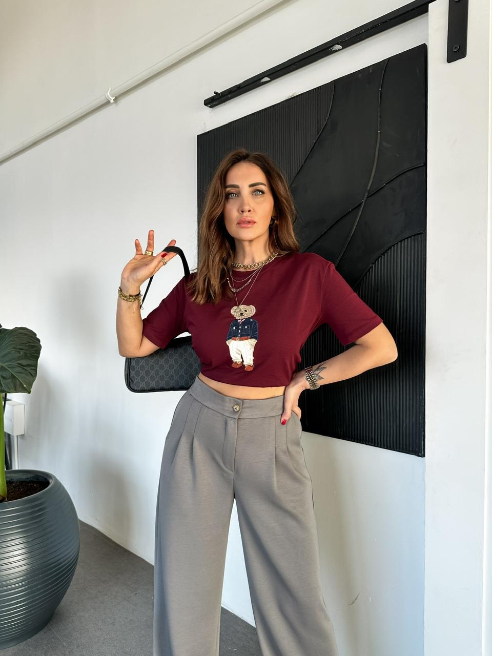 Bordo Ayıcık Figürlü Cotton Tshirt