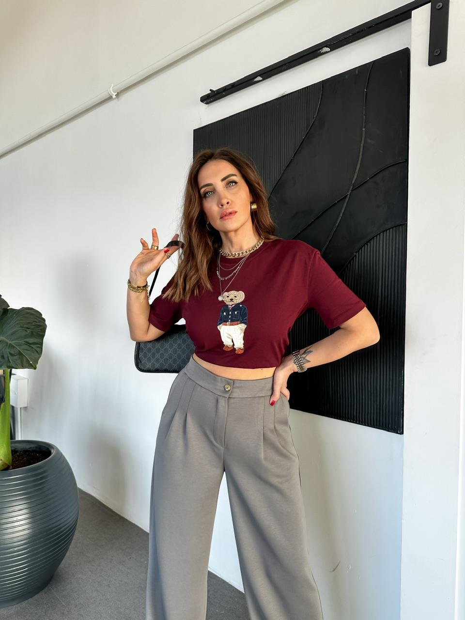 Bordo Ayıcık Figürlü Cotton Tshirt