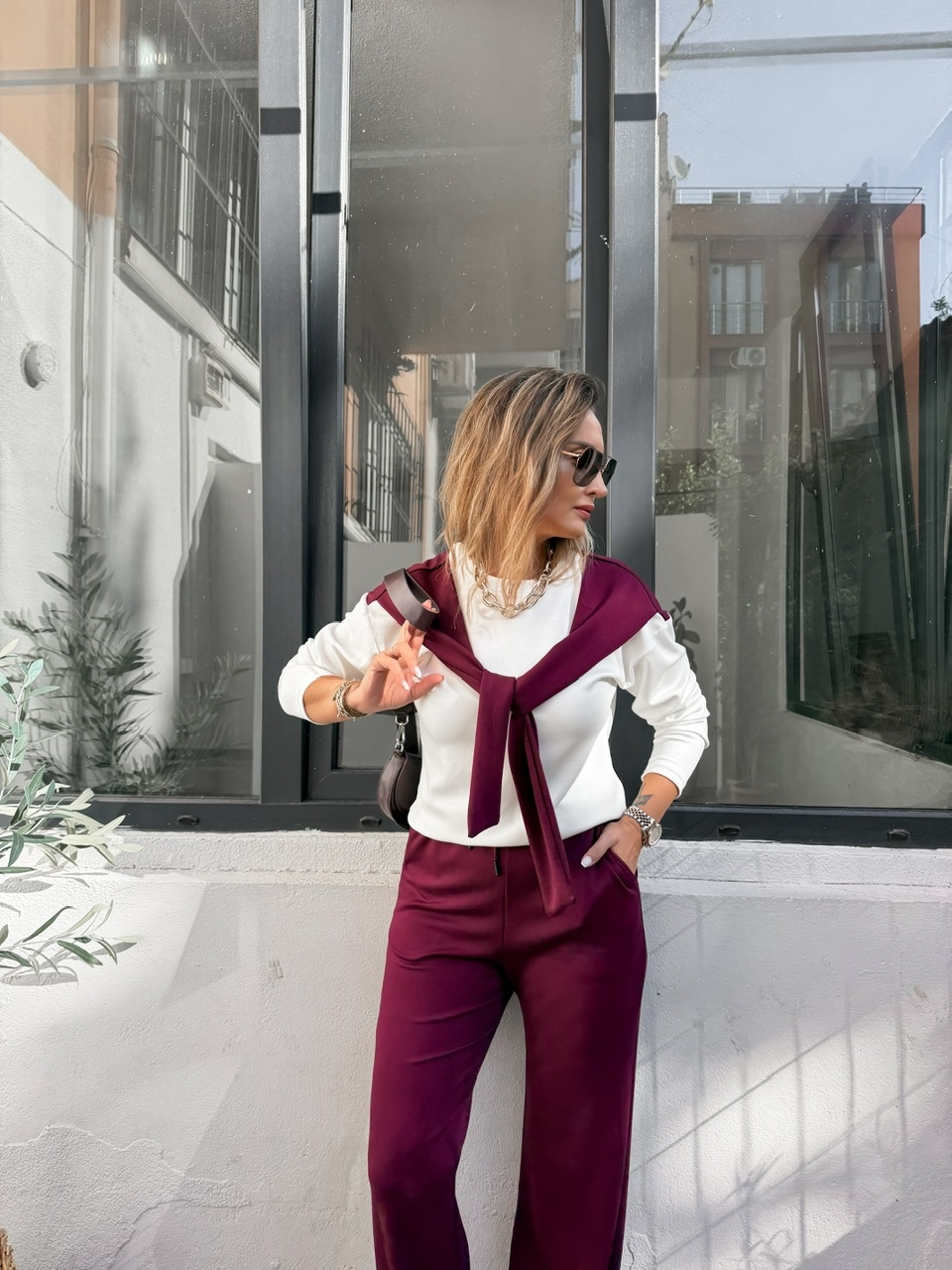 Bordo Bağlama Detaylı İkili Takım