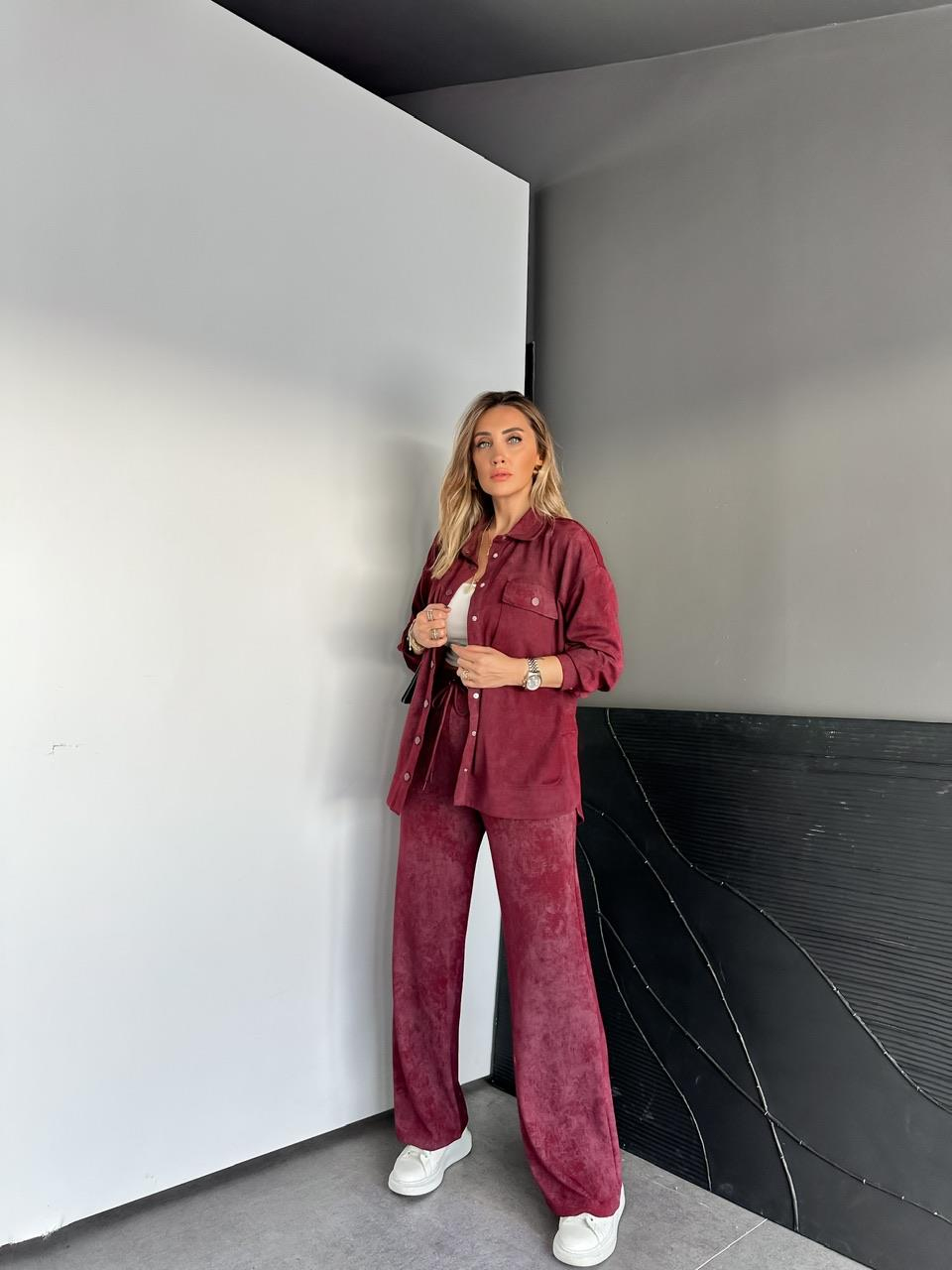 Bordo Batik Desen Gömlekli Takım