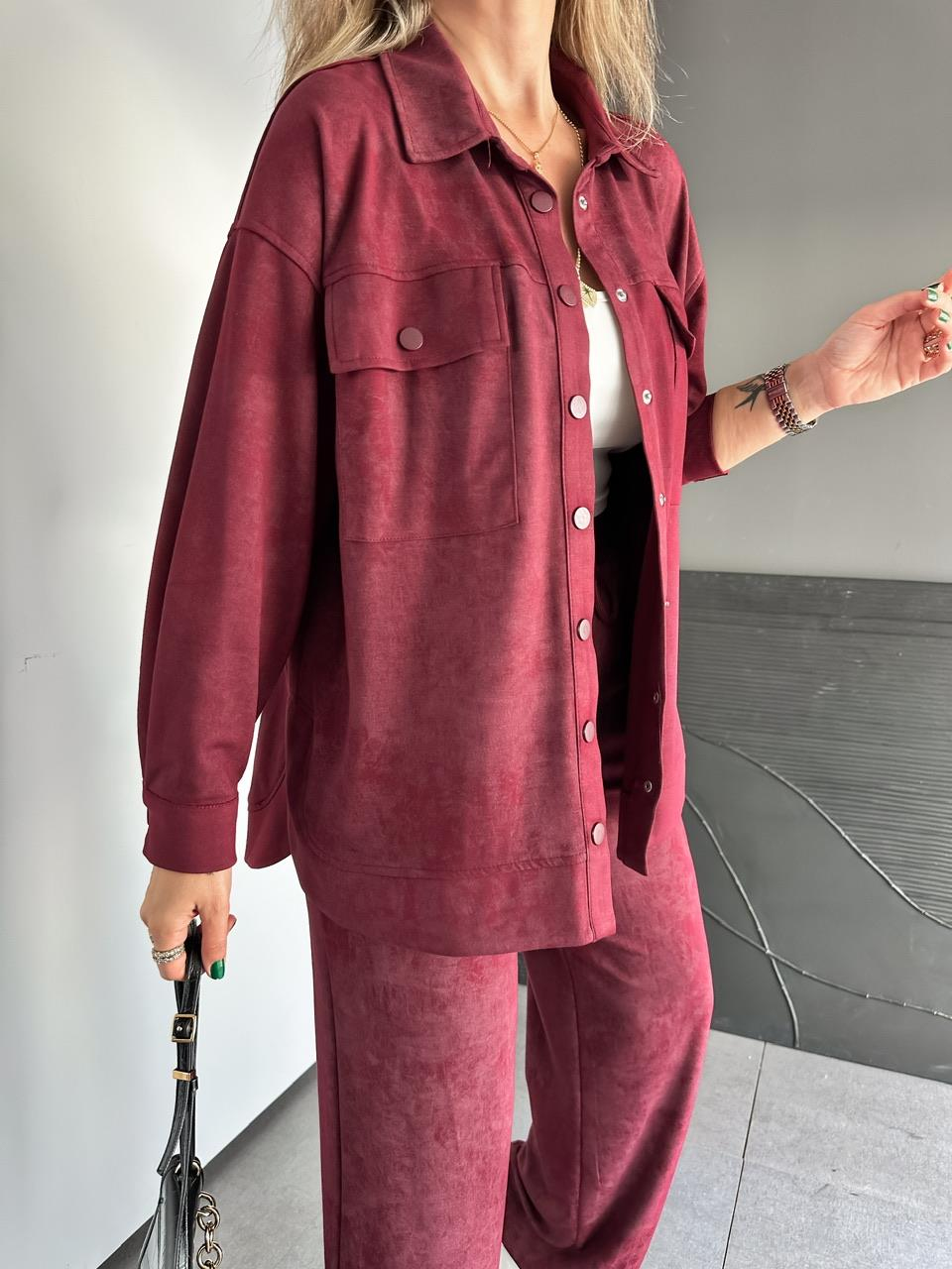 Bordo Batik Desen Gömlekli Takım