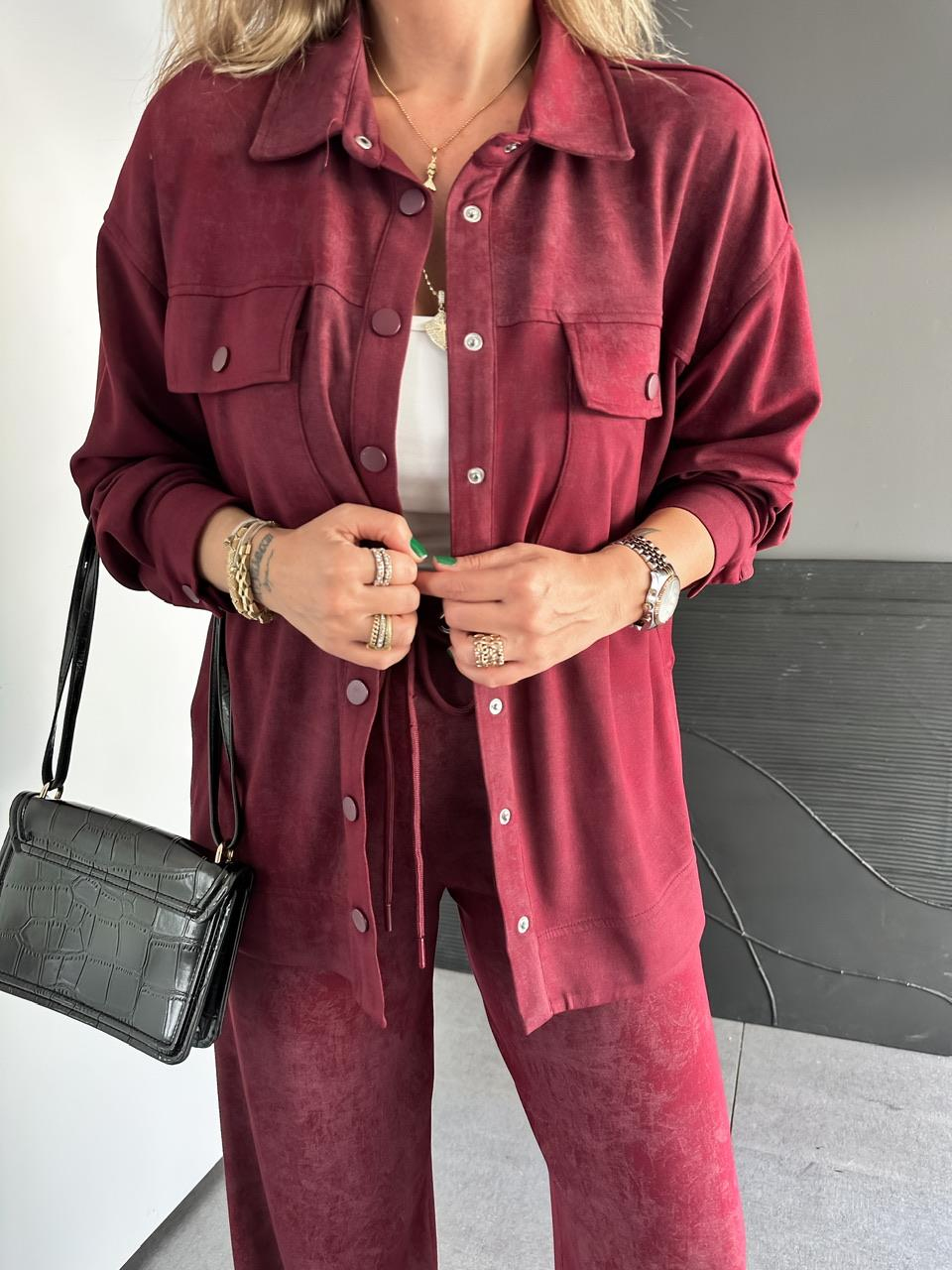 Bordo Batik Desen Gömlekli Takım