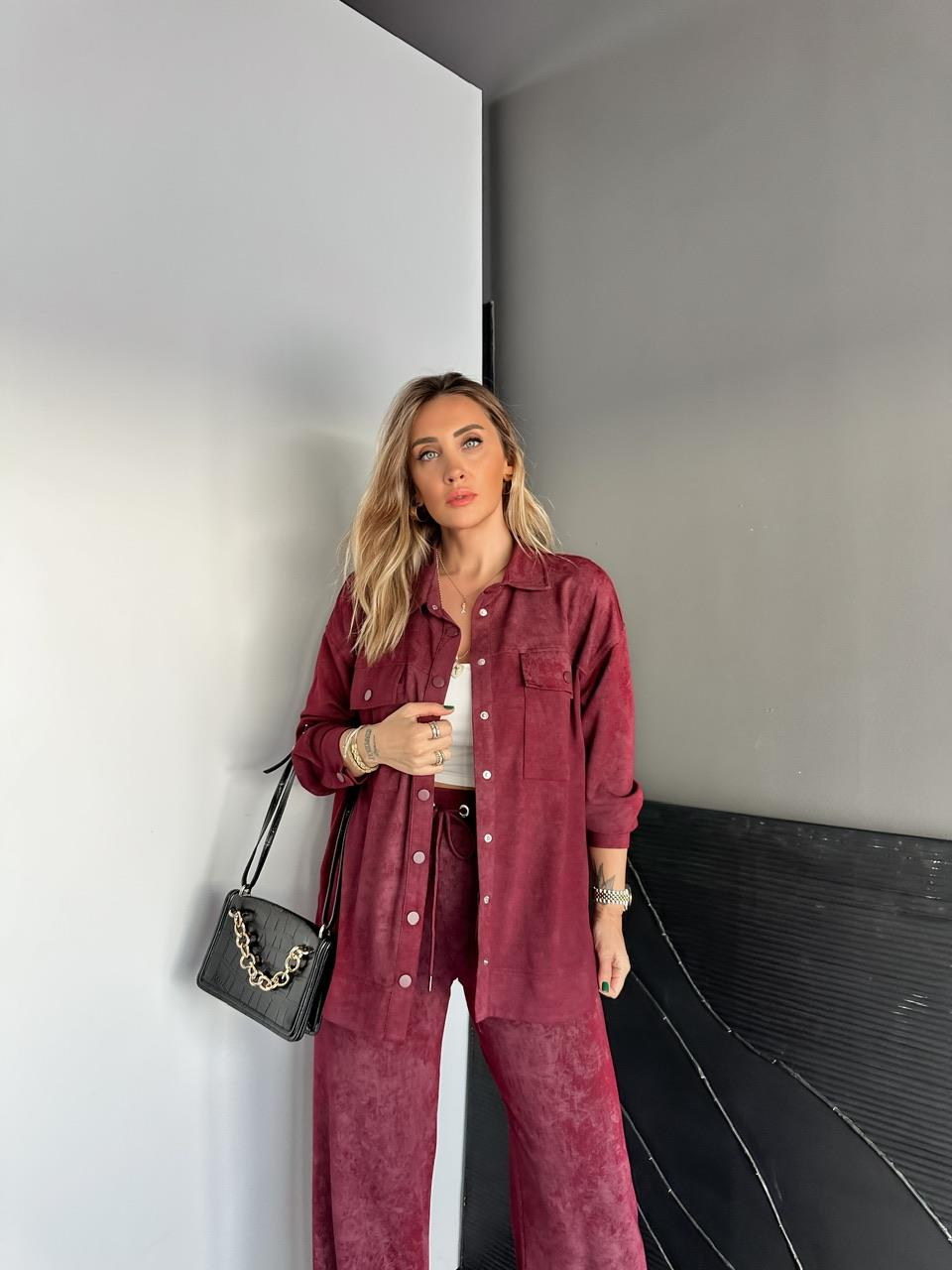 Bordo Batik Desen Gömlekli Takım
