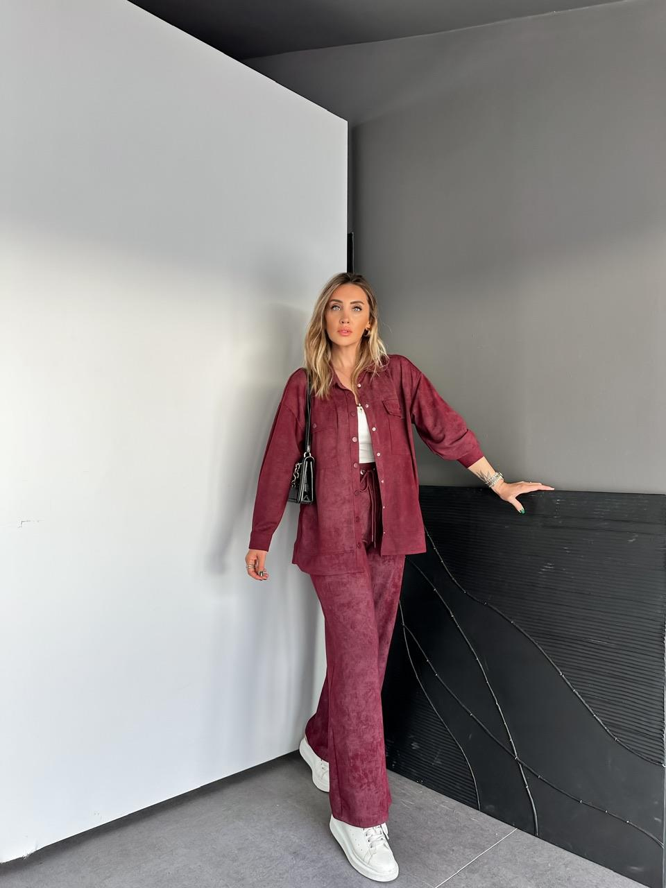 Bordo Batik Desen Gömlekli Takım