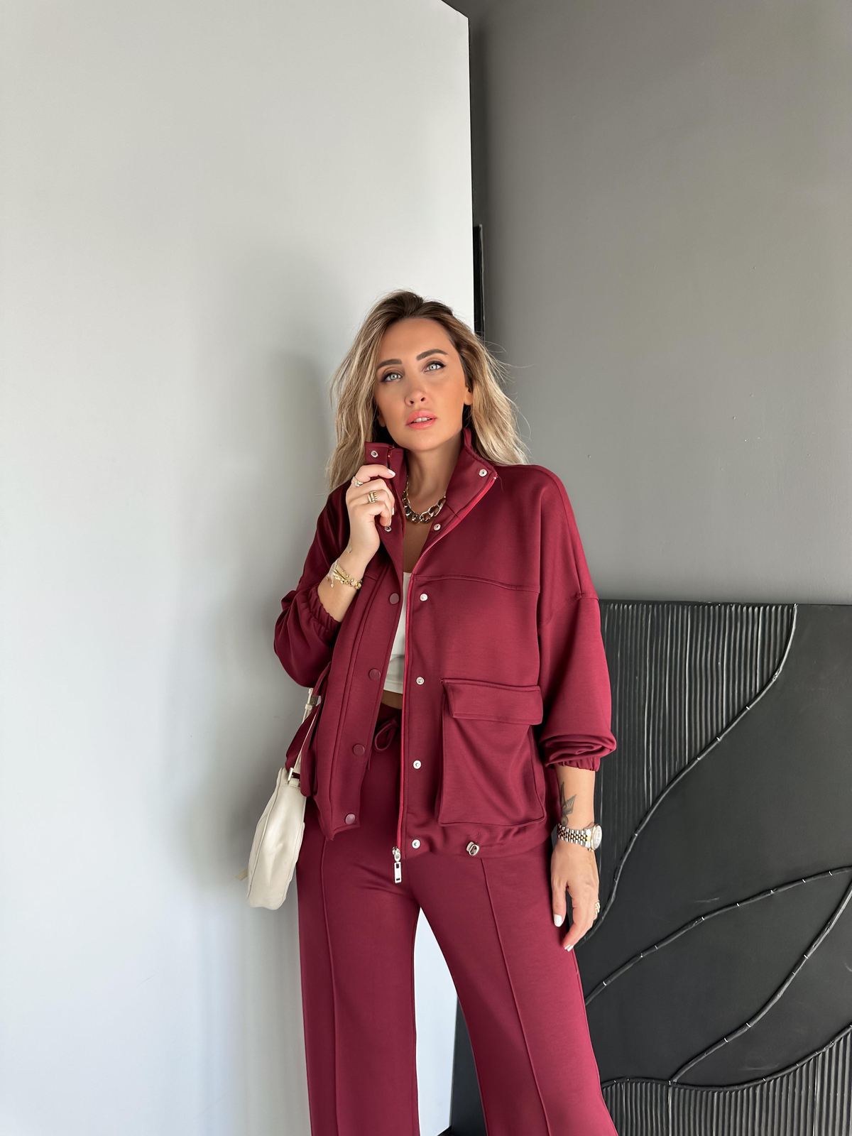 Bordo Beli Büzülebilir İpli Cepli Modal Takım