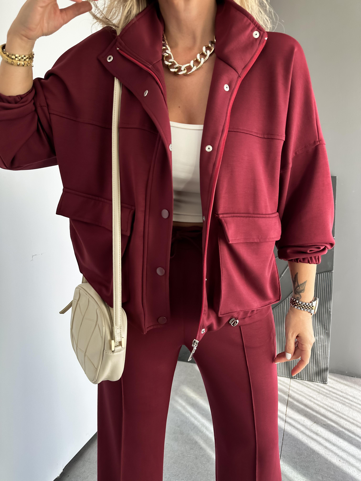 Bordo Beli Büzülebilir İpli Cepli Modal Takım
