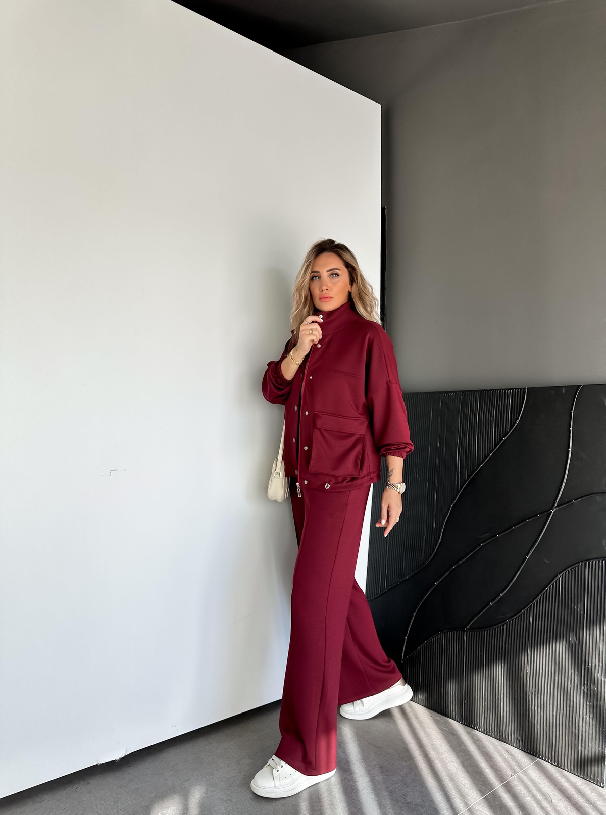 Bordo Beli Büzülebilir İpli Cepli Modal Takım