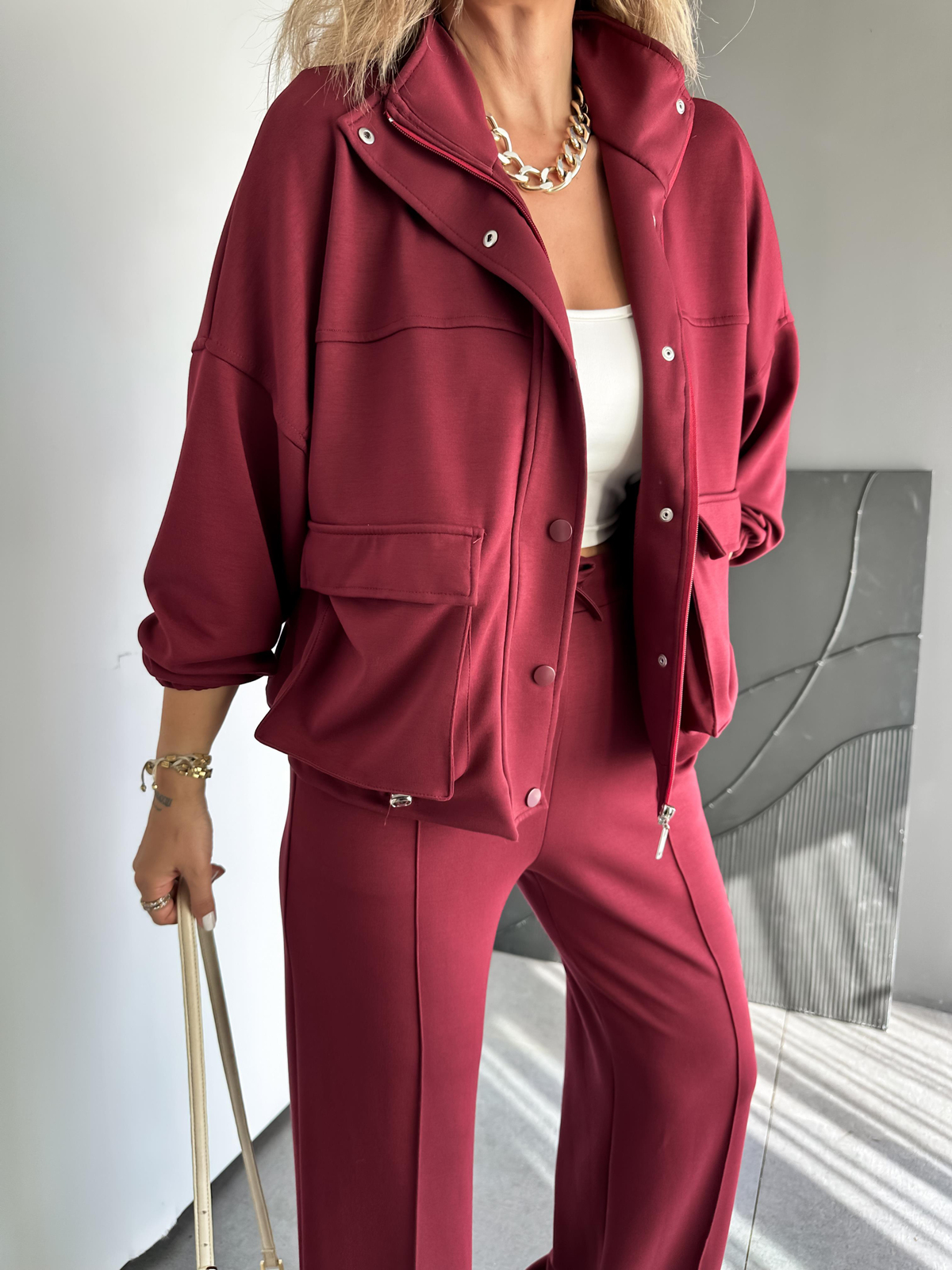 Bordo Beli Büzülebilir İpli Cepli Modal Takım