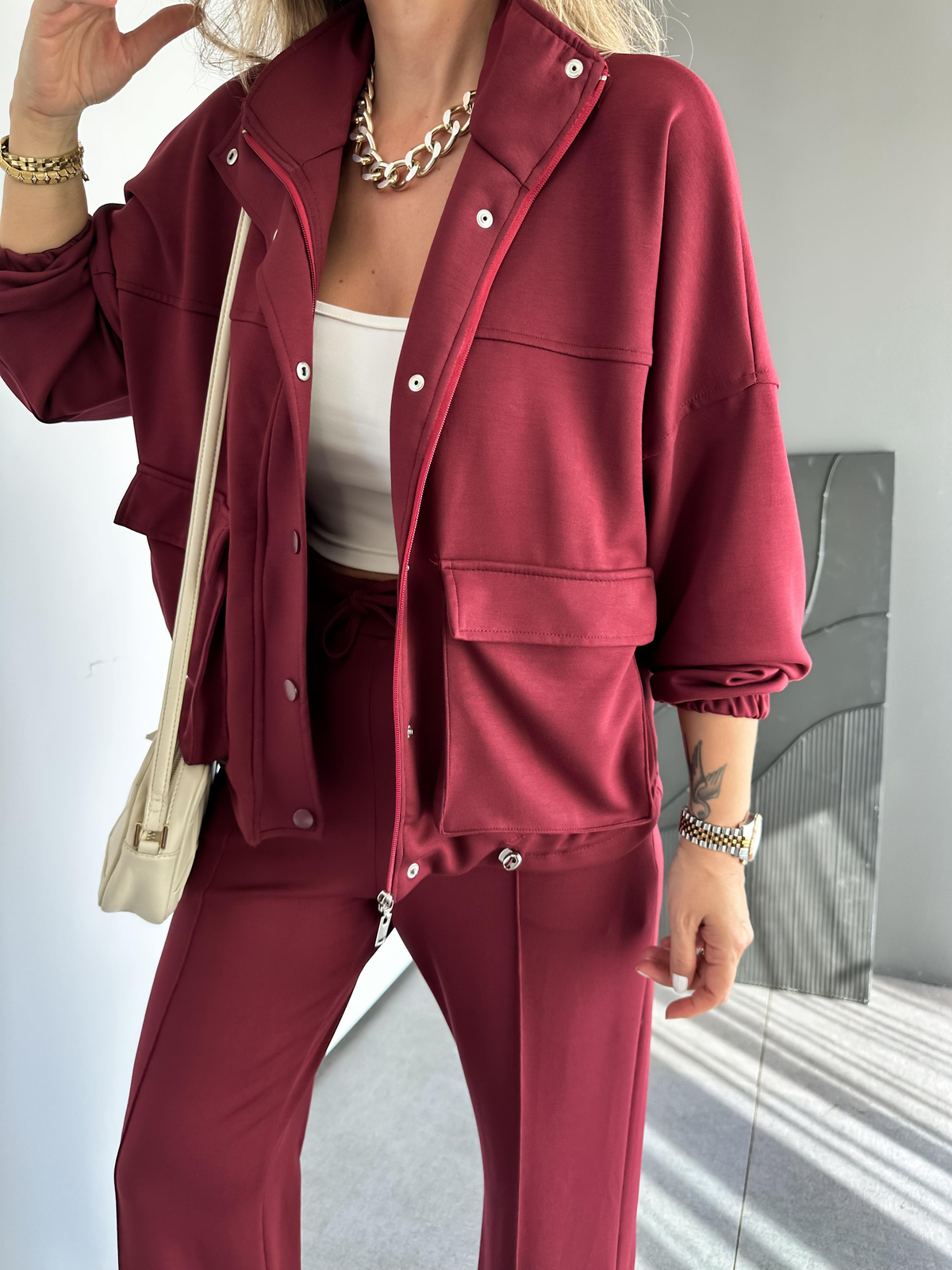 Bordo Beli Büzülebilir İpli Cepli Modal Takım