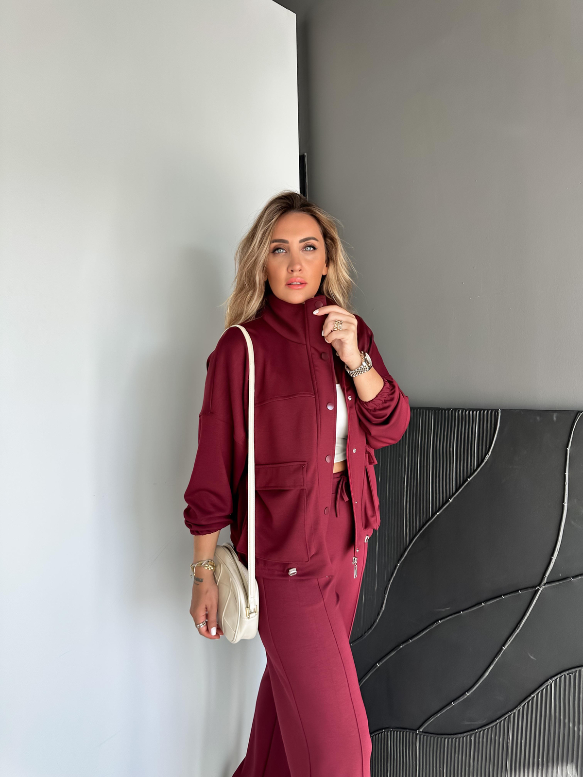 Bordo Beli Büzülebilir İpli Cepli Modal Takım