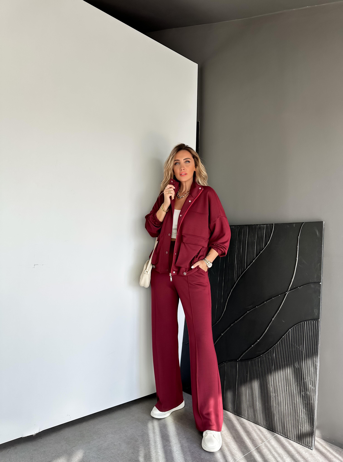 Bordo Beli Büzülebilir İpli Cepli Modal Takım