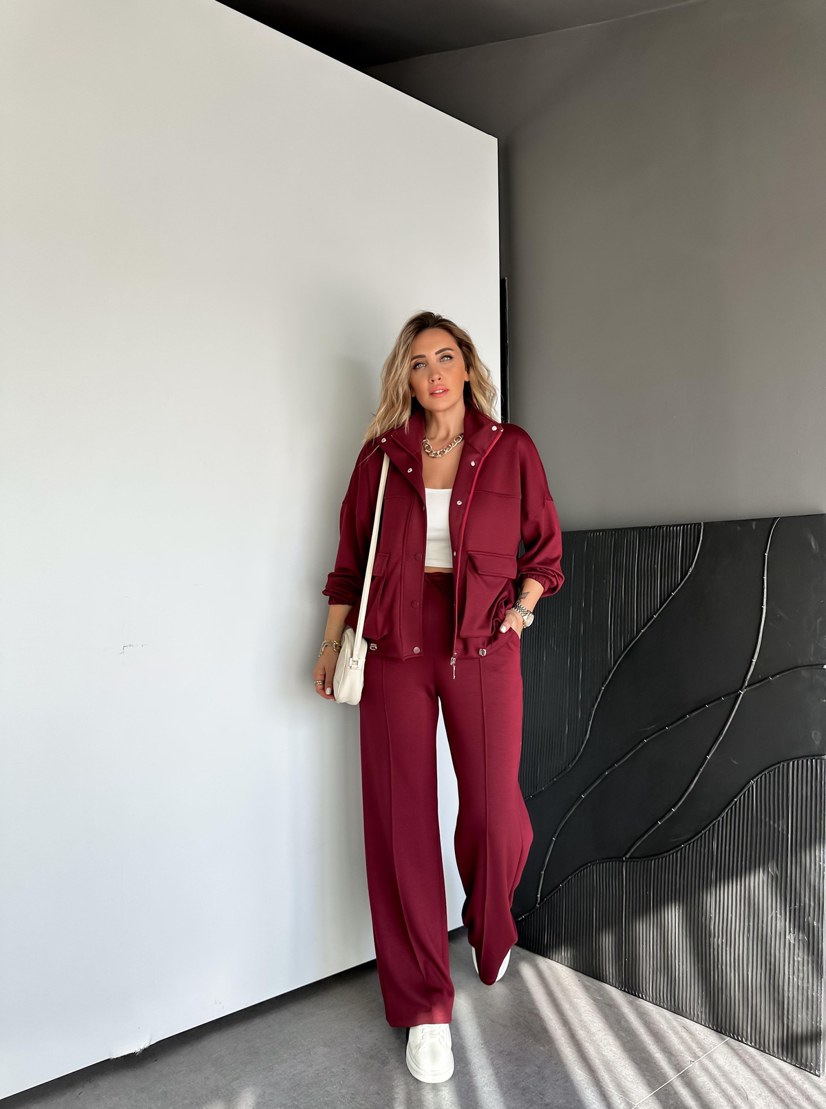Bordo Beli Büzülebilir İpli Cepli Modal Takım