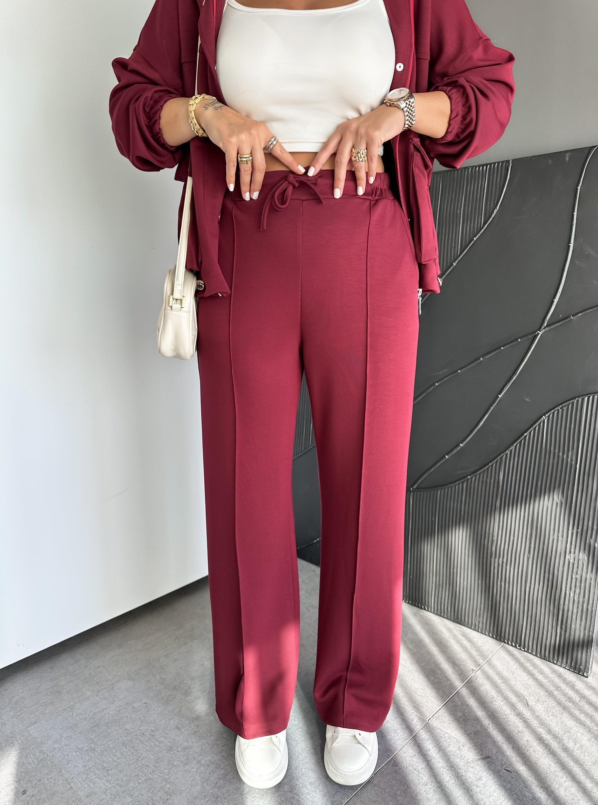 Bordo Beli Büzülebilir İpli Cepli Modal Takım