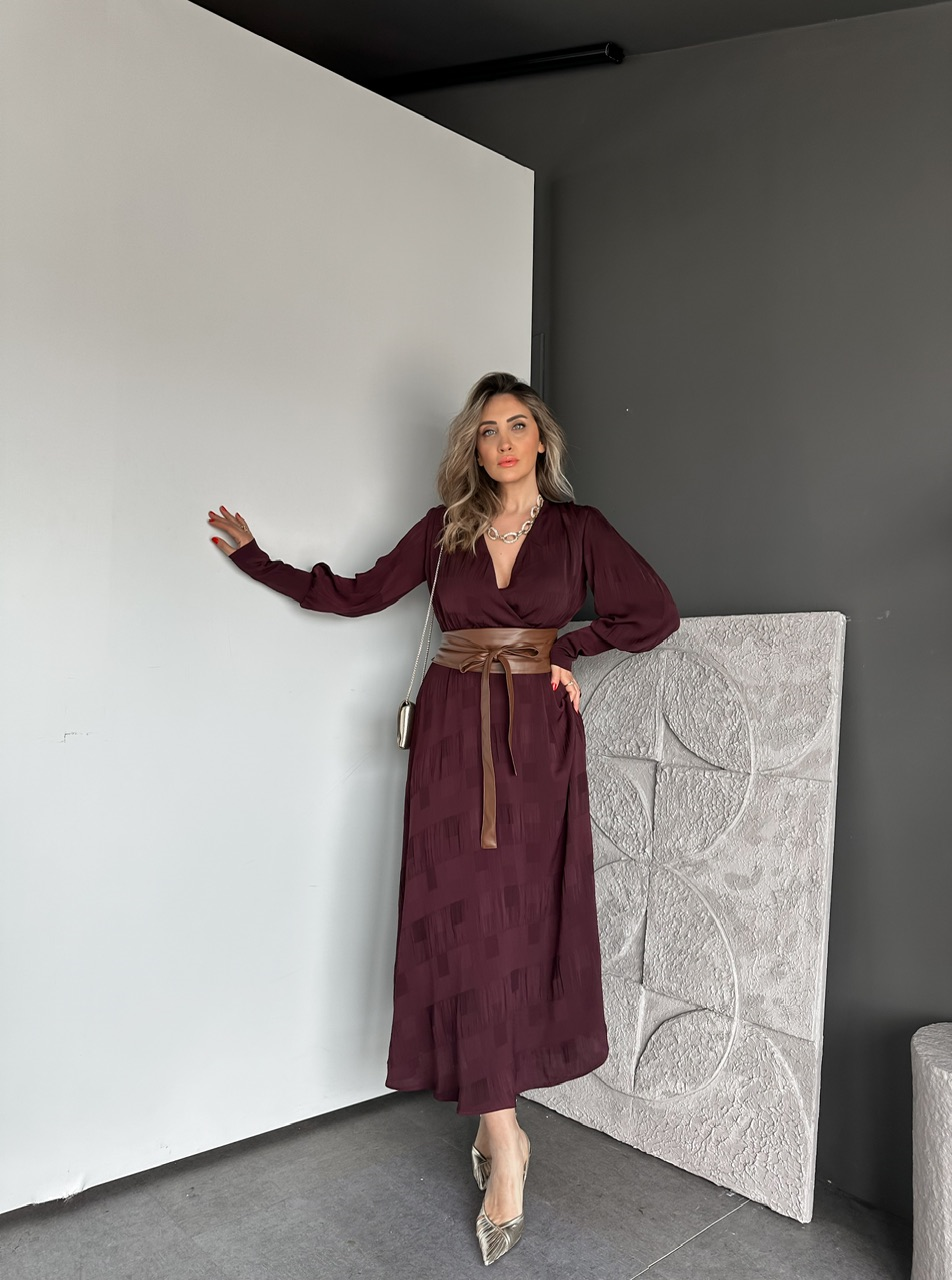 Bordo Beli Deri Kemerli Şifon Elbise