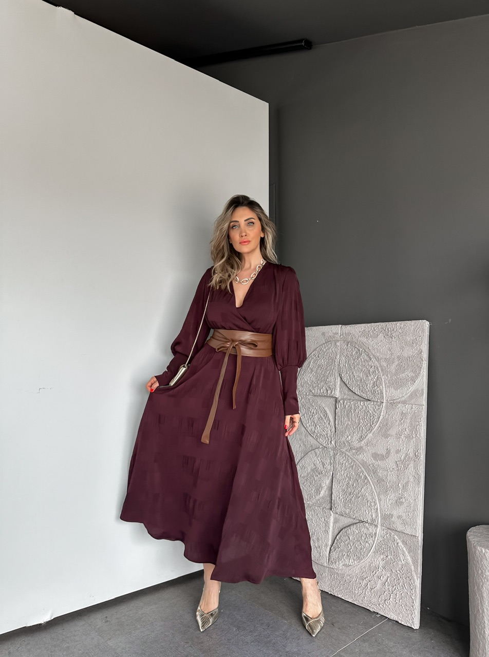Bordo Beli Deri Kemerli Şifon Elbise