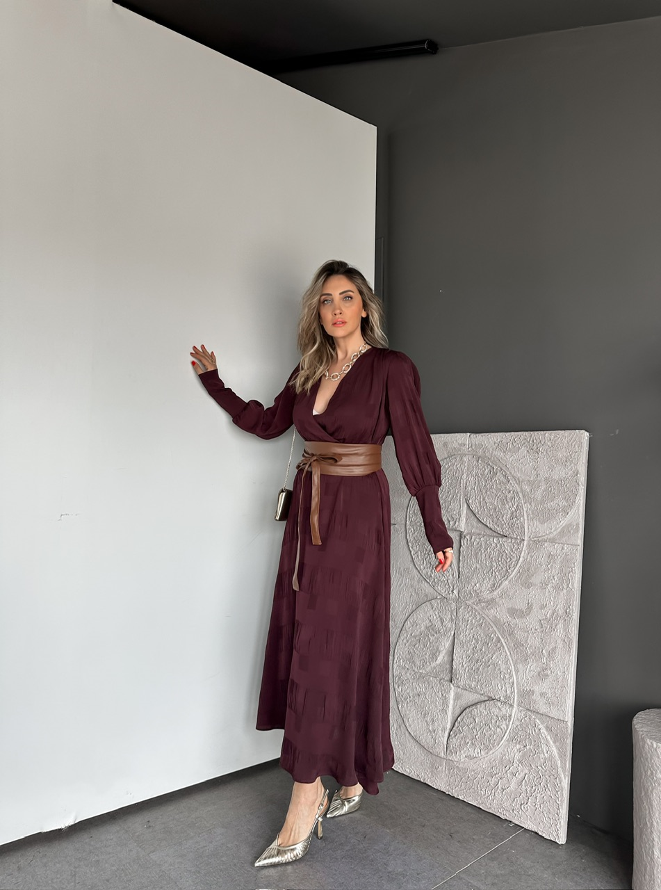 Bordo Beli Deri Kemerli Şifon Elbise