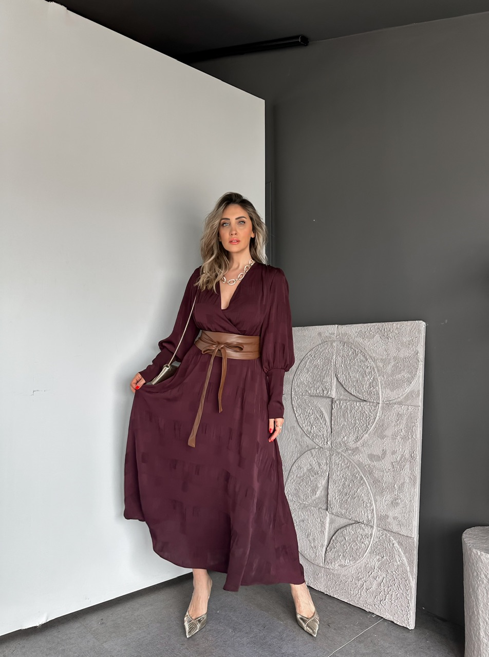 Bordo Beli Deri Kemerli Şifon Elbise