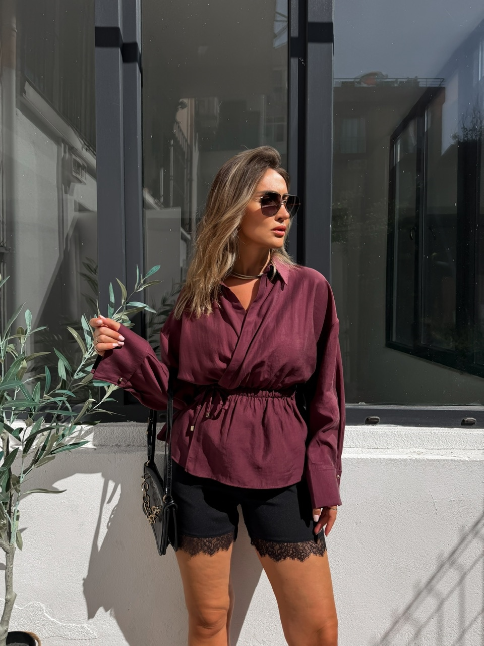 Bordo Beli İpli Kruvaze Premium Bluz