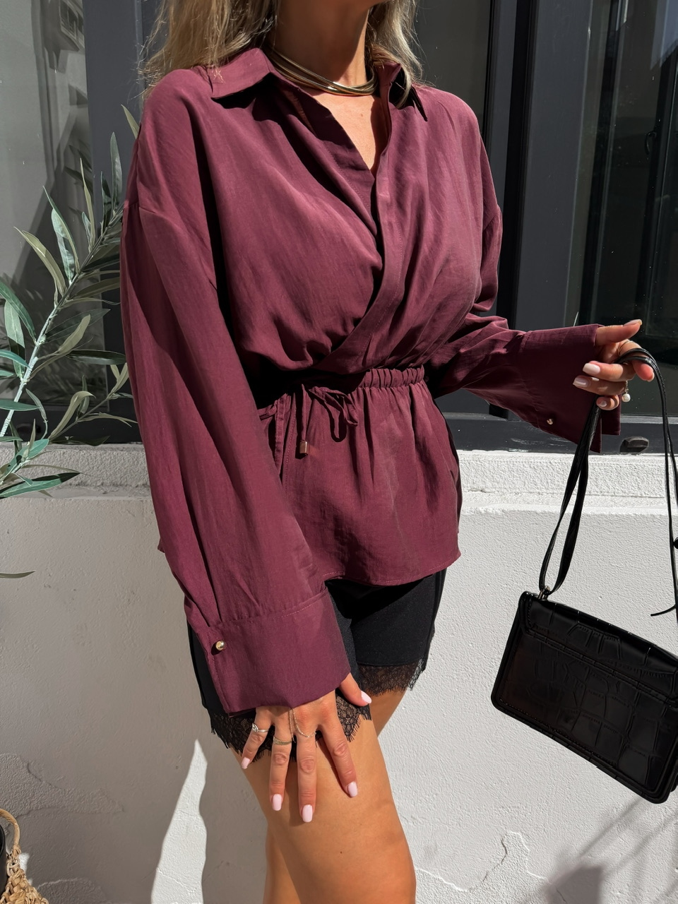 Bordo Beli İpli Kruvaze Premium Bluz