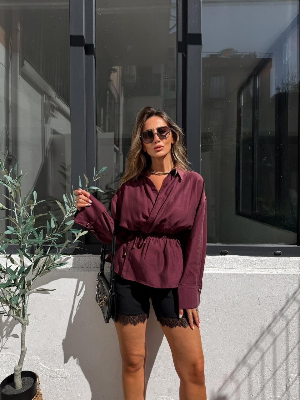 Bordo Beli İpli Kruvaze Premium Bluz