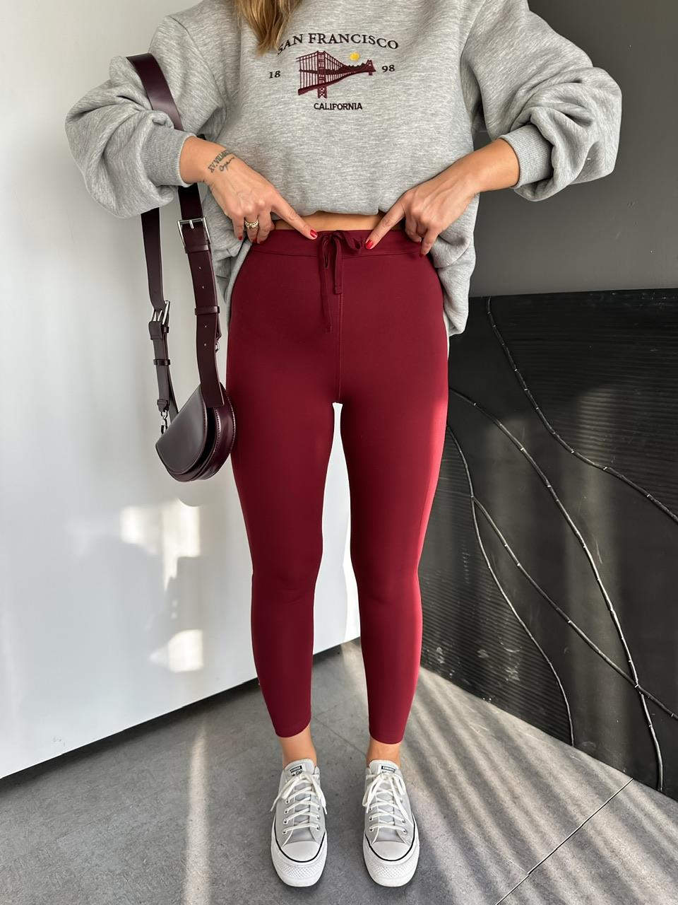Bordo Beli İpli Likralı Alo Tayt